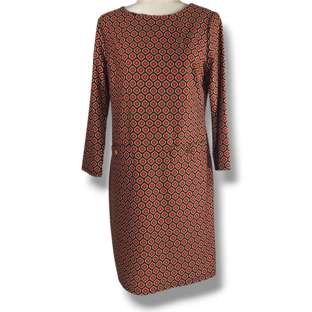 Jude Connally Shift Dress Geo Print Three Quarter Sleeve Pockets Black Red Tan M